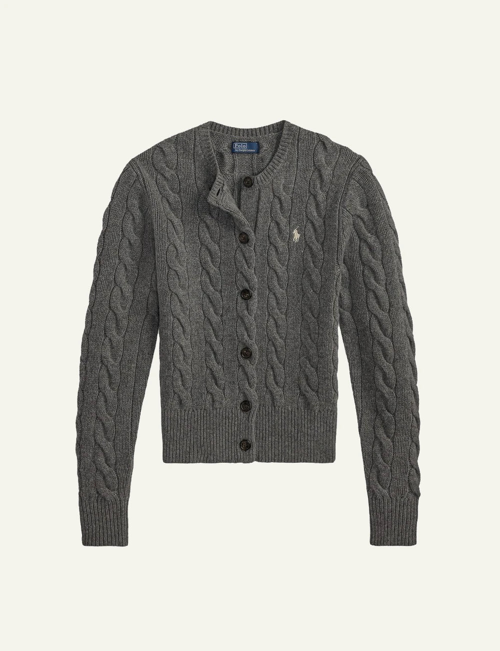 Women's Polo Ralph Lauren slim fit cable-knit cardigan in grey with embroidered Pony logo and button fastening