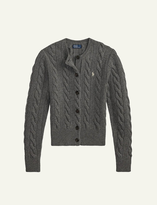 Women's Polo Ralph Lauren slim fit cable-knit cardigan in grey with embroidered Pony logo and button fastening