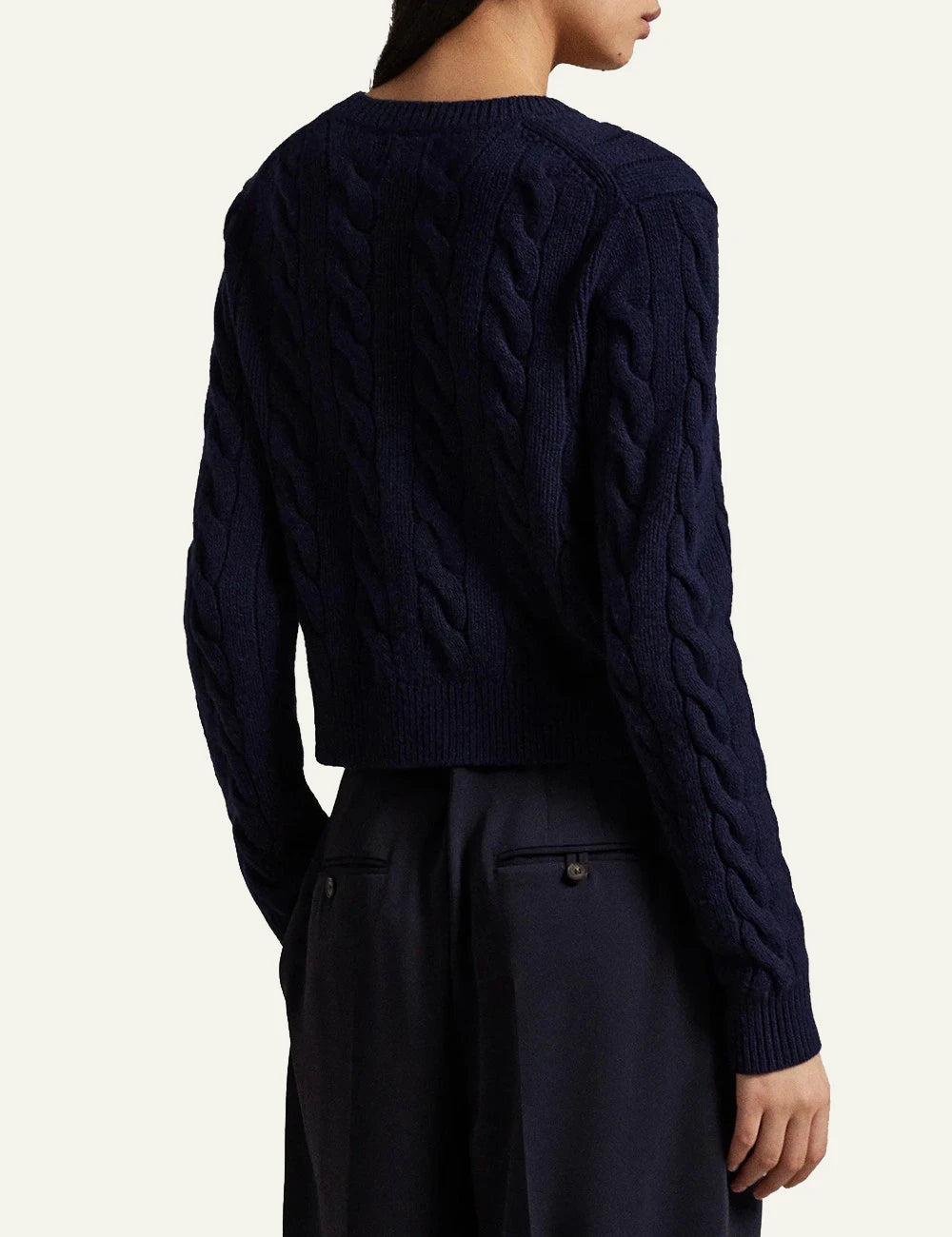 Women's Polo Ralph Lauren cable-knit cardigan in navy blue with gold-tone buttons and front pockets back