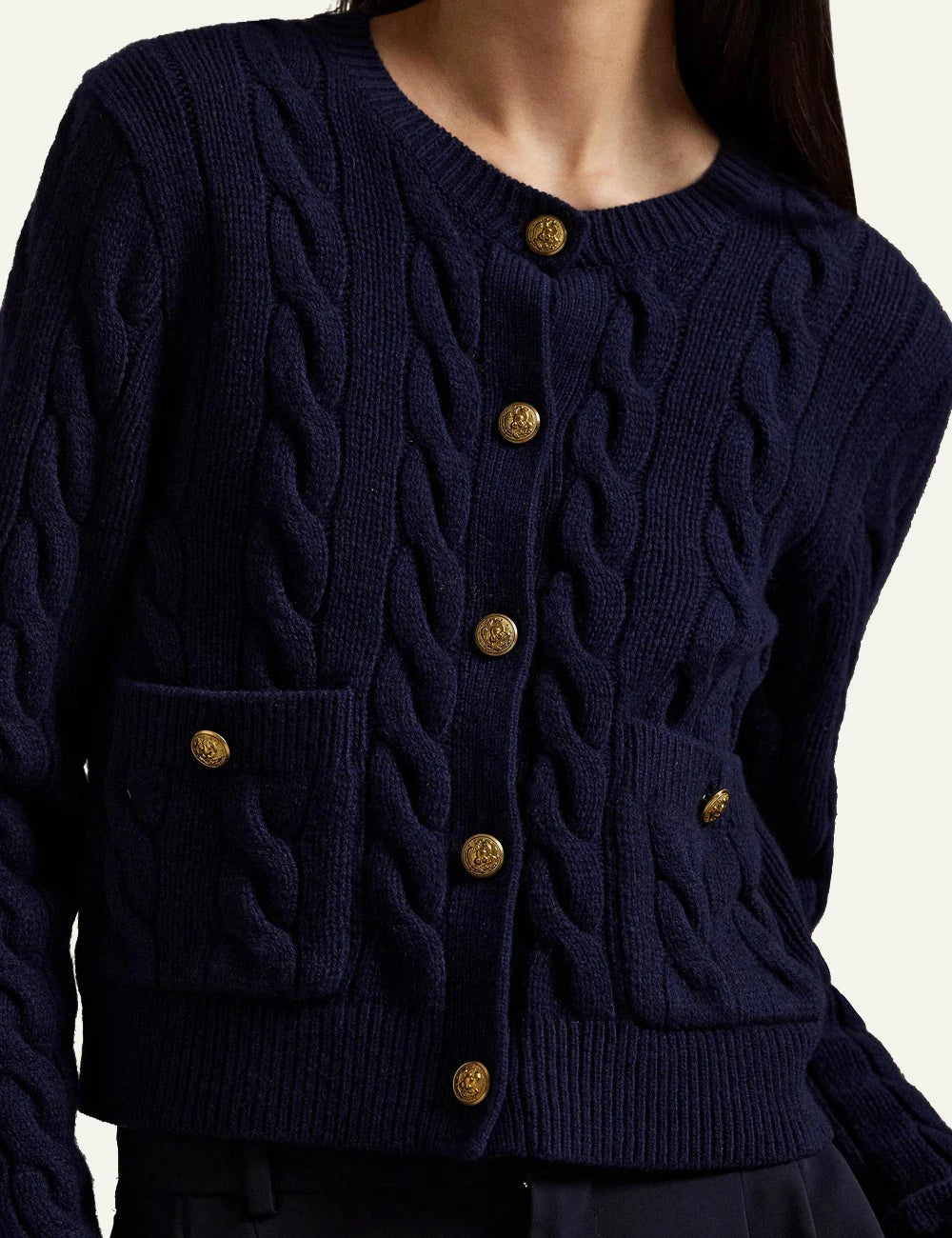 Women's Polo Ralph Lauren cable-knit cardigan in navy blue with gold-tone buttons and front pockets detail
