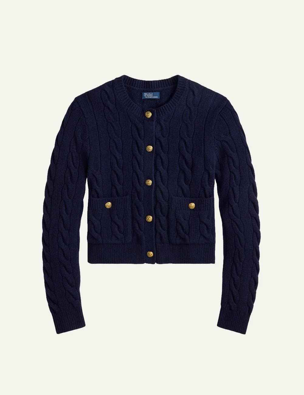 Women's Polo Ralph Lauren cable-knit cardigan in navy blue with gold-tone buttons and front pockets
