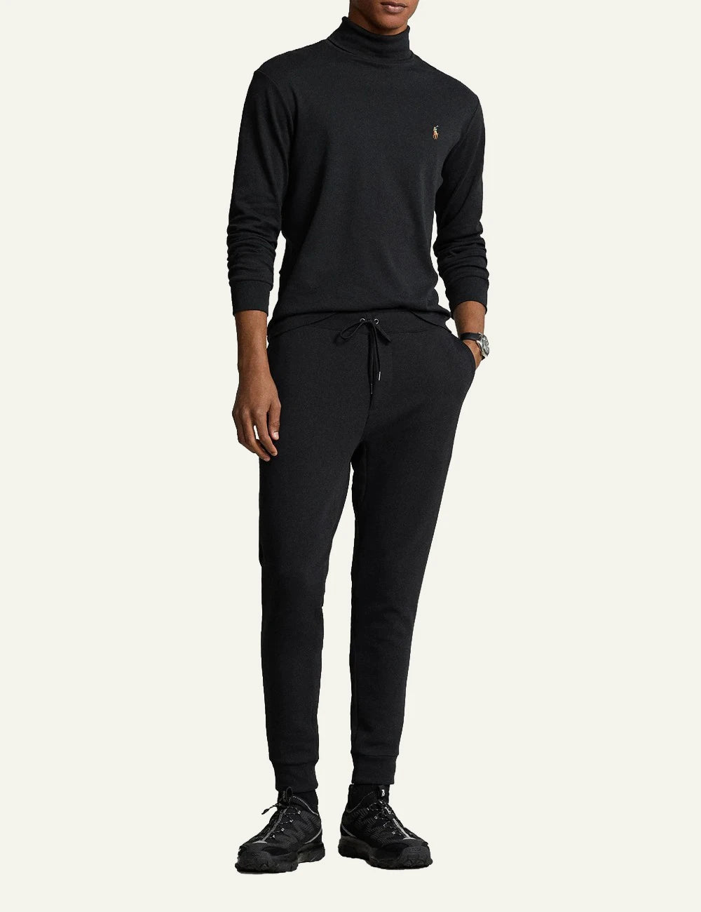 Men's Polo Ralph Lauren black cotton turtleneck with multicoloured embroidered Pony logo full body