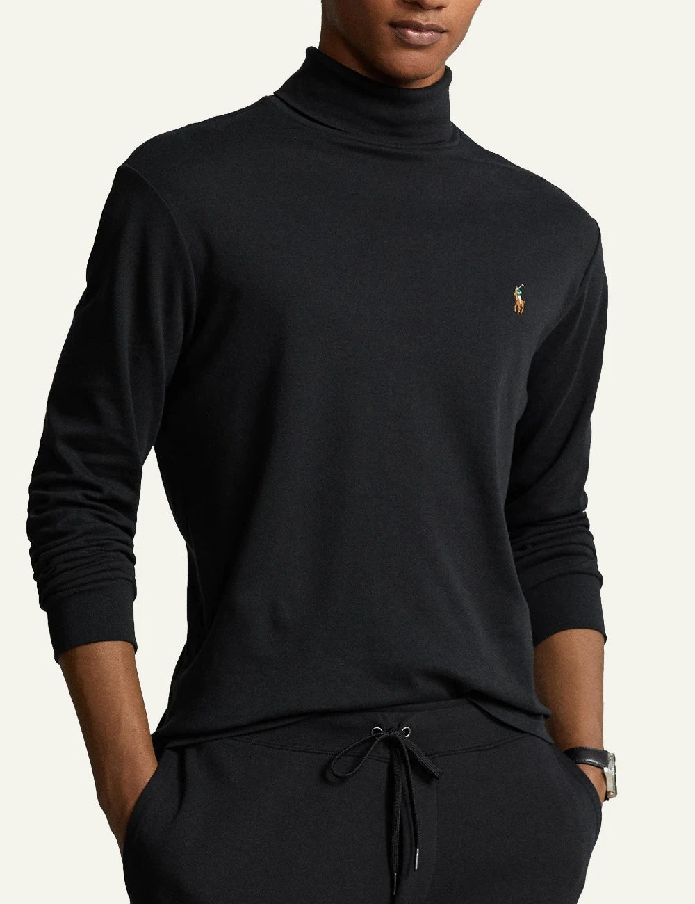 Men's Polo Ralph Lauren black cotton turtleneck with multicoloured embroidered Pony logo detail