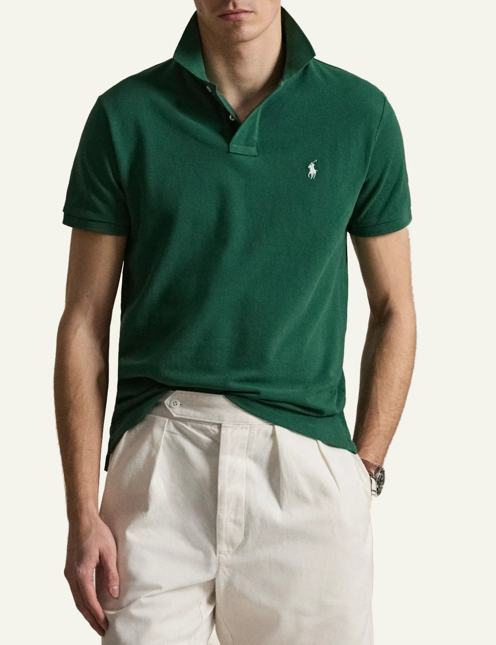 Polo Ralph Lauren dark green slim fit pique polo me white pony front model view