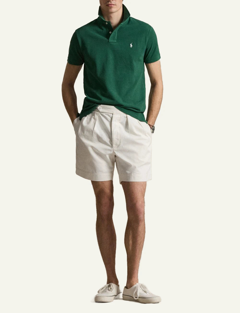 Polo Ralph Lauren dark green slim fit pique polo me white pony front full body view