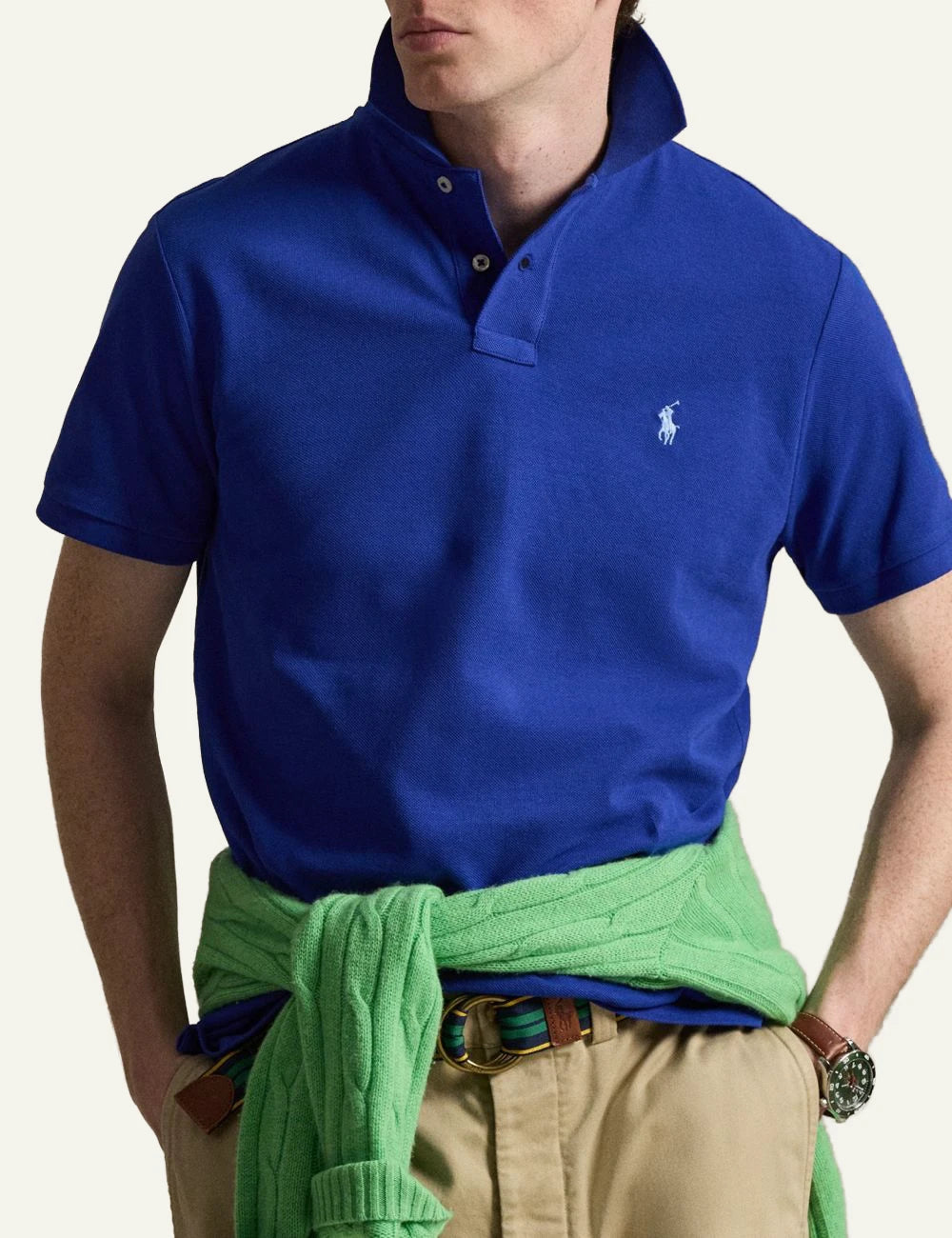 Polo Ralph Lauren blue slim fit pique polo me white pony front model view