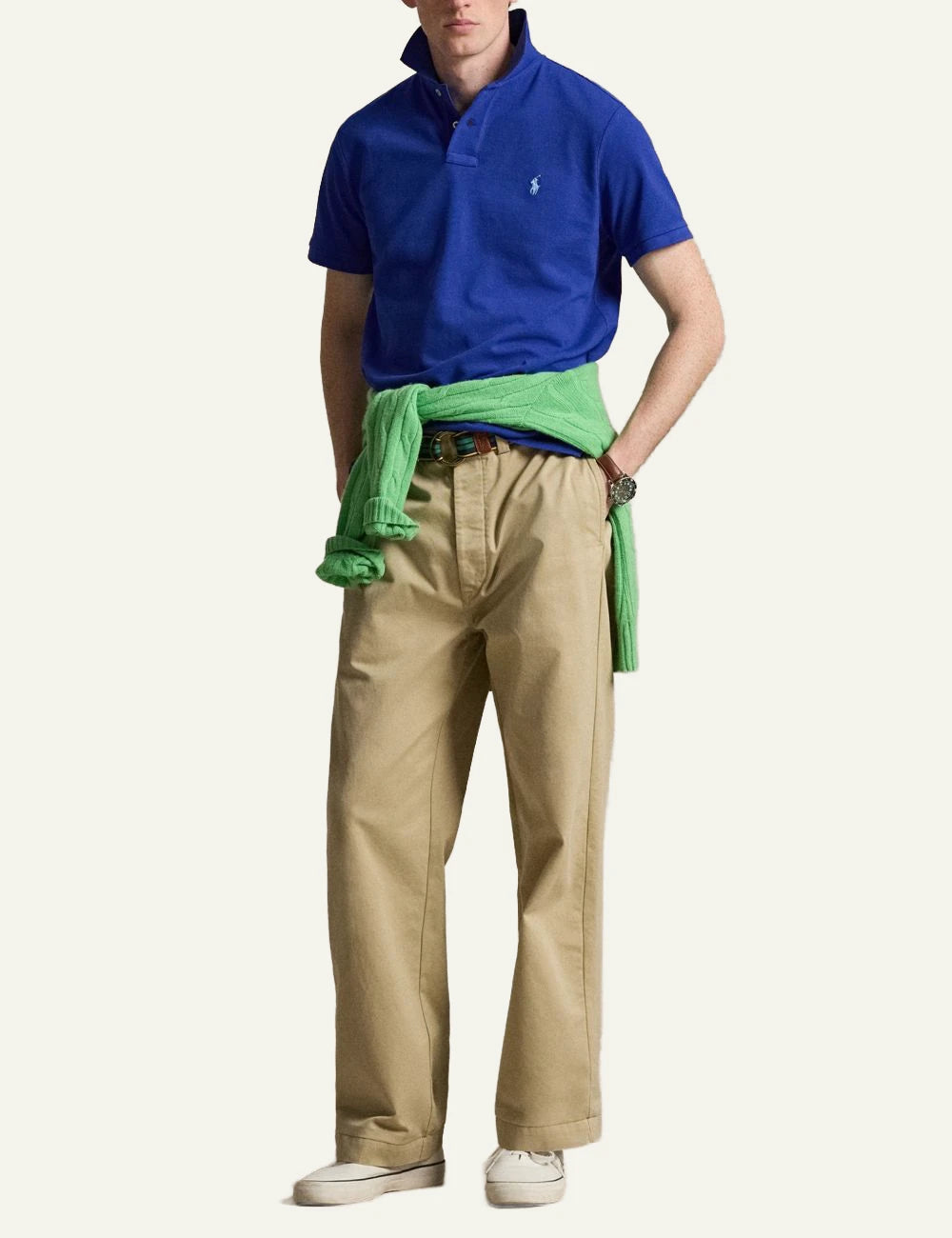 Polo Ralph Lauren blue slim fit pique polo me white pony front full body view