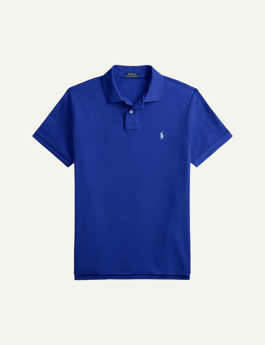 Polo Ralph Lauren blue slim fit pique polo me white pony front view