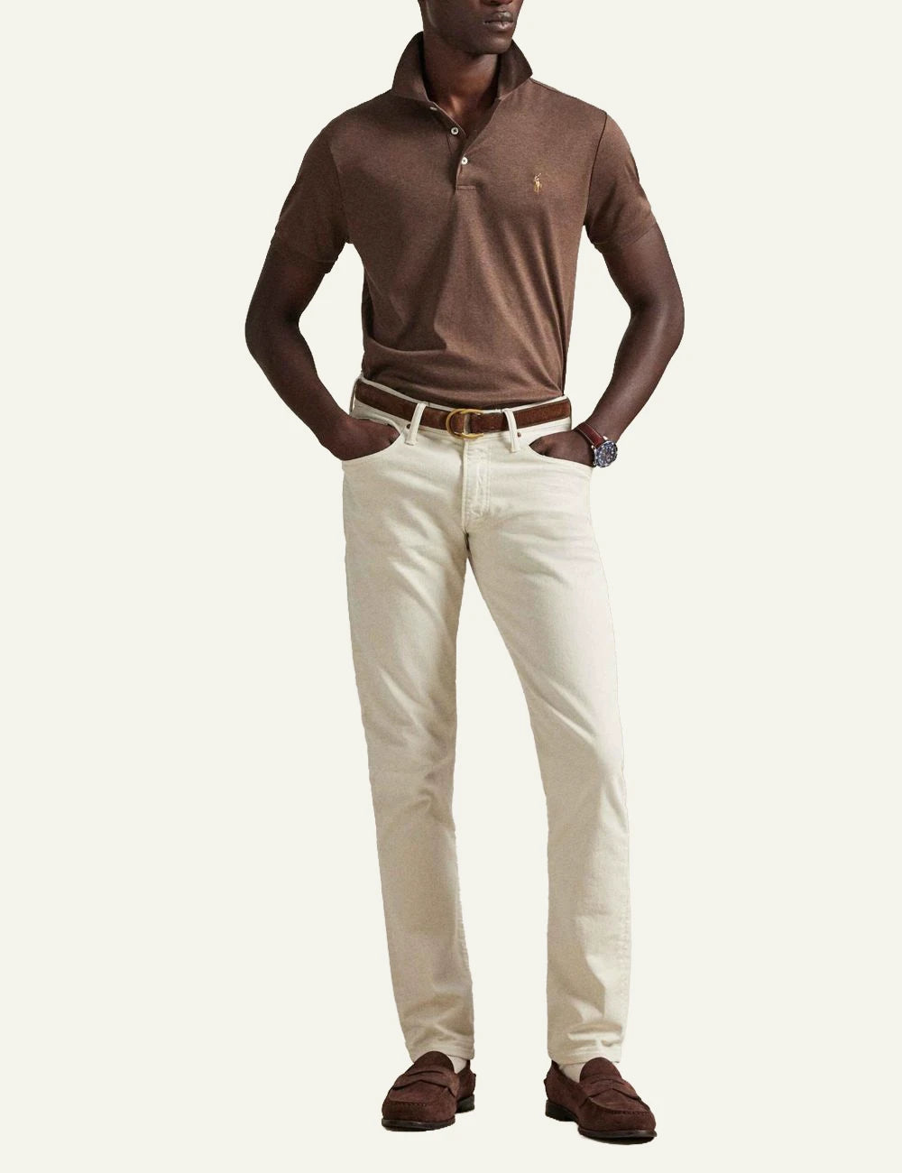 Men's Polo Ralph Lauren brown cotton Custom Slim Fit polo shirt with embroidered Pony logo full body