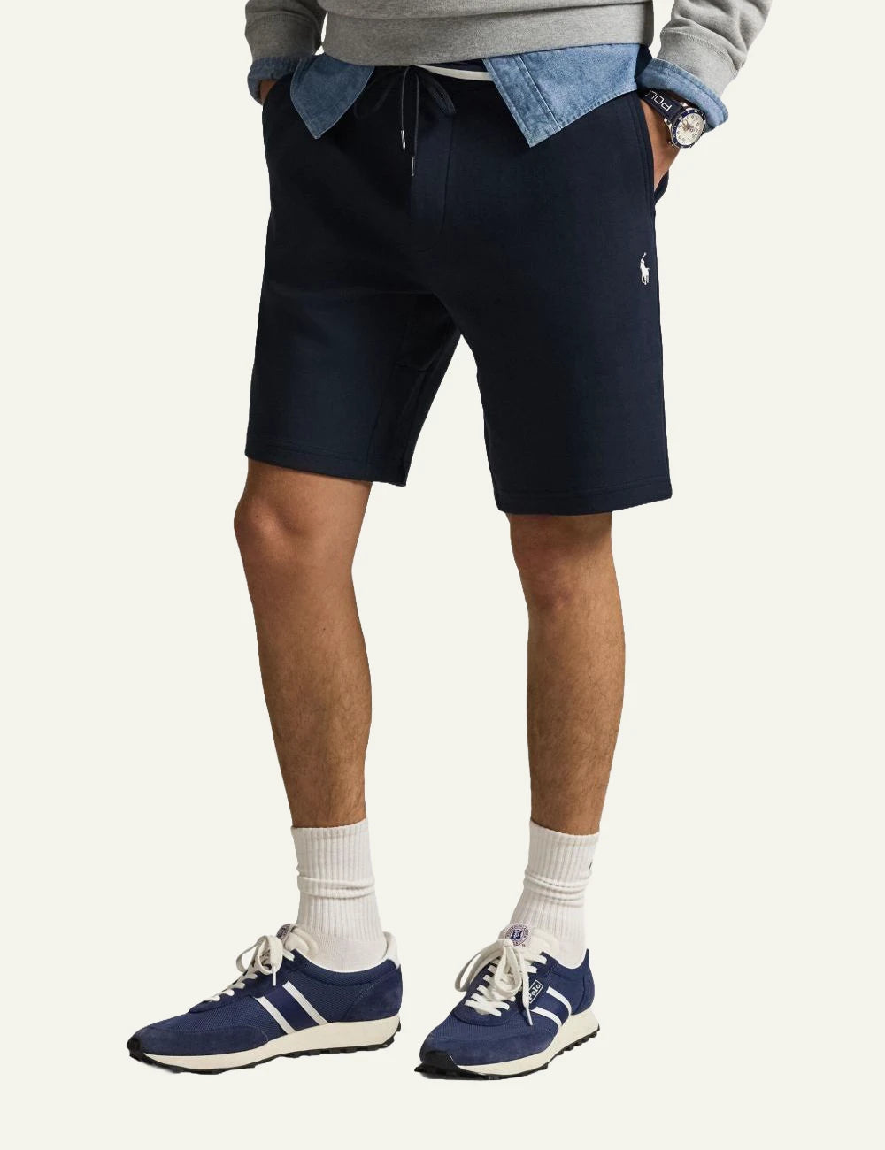 Polo Ralph Lauren double knit sweat shorts aviator navy side view logo detail 