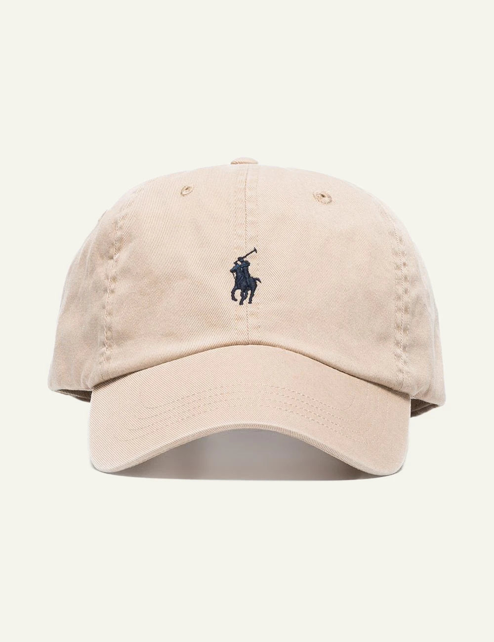 Polo Ralph Lauren beige cap with navy Big Pony logo front flat view