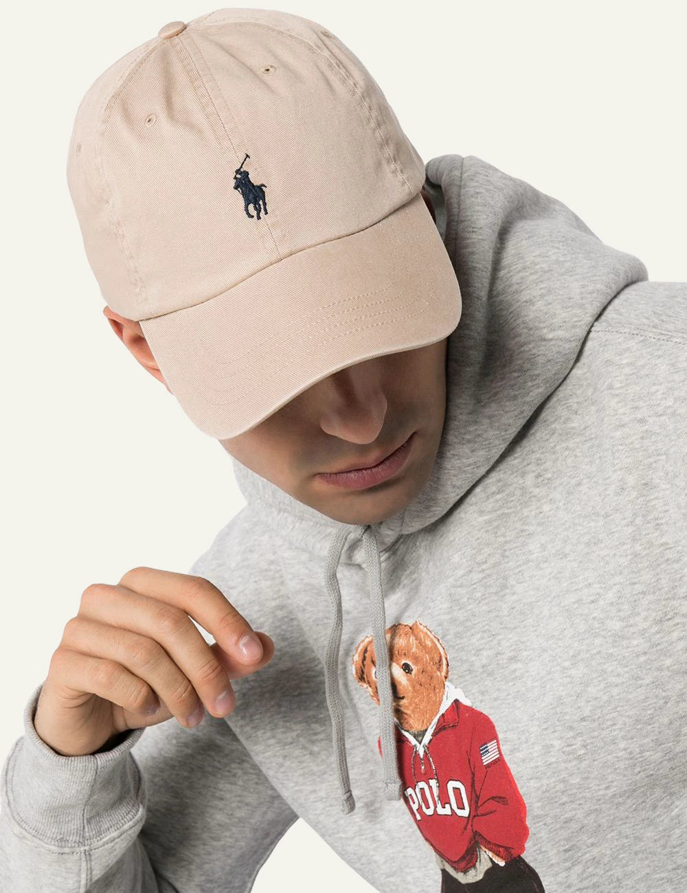 Polo Ralph Lauren beige cap with navy Big Pony logo model view