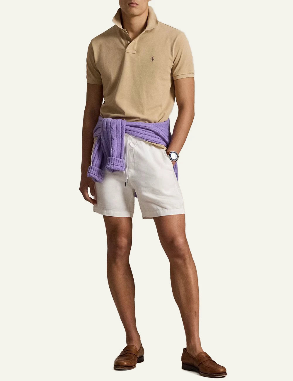 Polo Ralph Lauren beige custom slim fit polo me embroidered pony front full body view