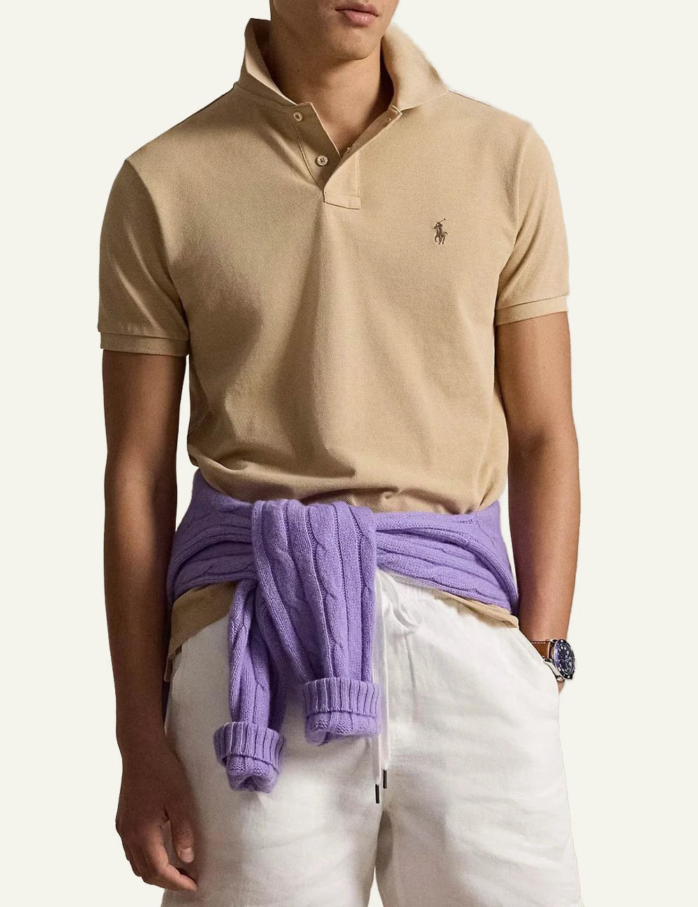 Polo Ralph Lauren beige custom slim fit polo me embroidered pony front model view