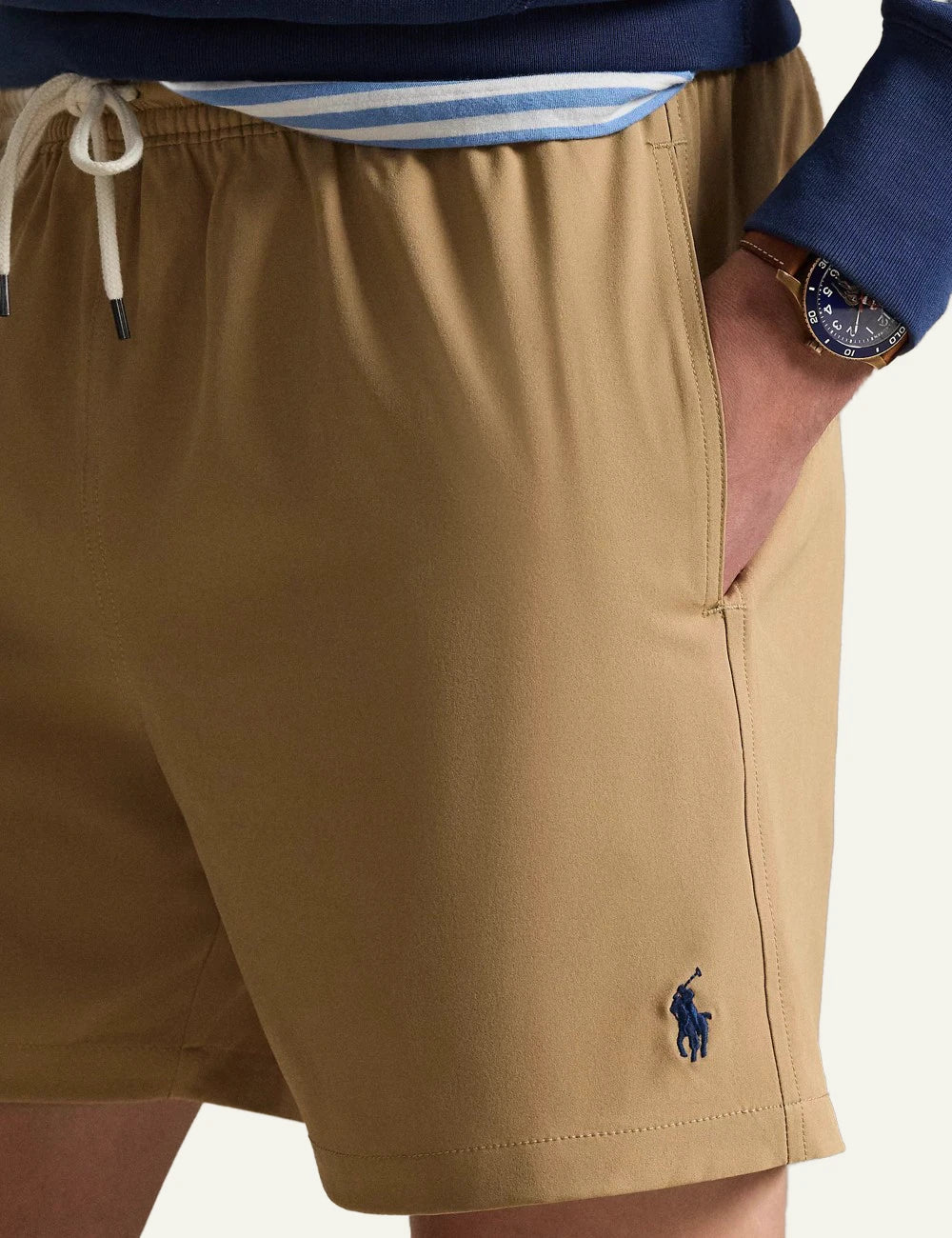 polo ralph lauren beige swim shorts classic fit pony logo front detail view
