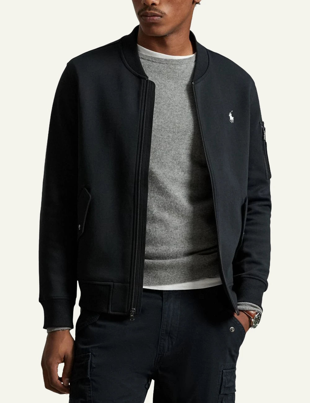 Polo Ralph Lauren black bomber jacket with white logo and zip front model view