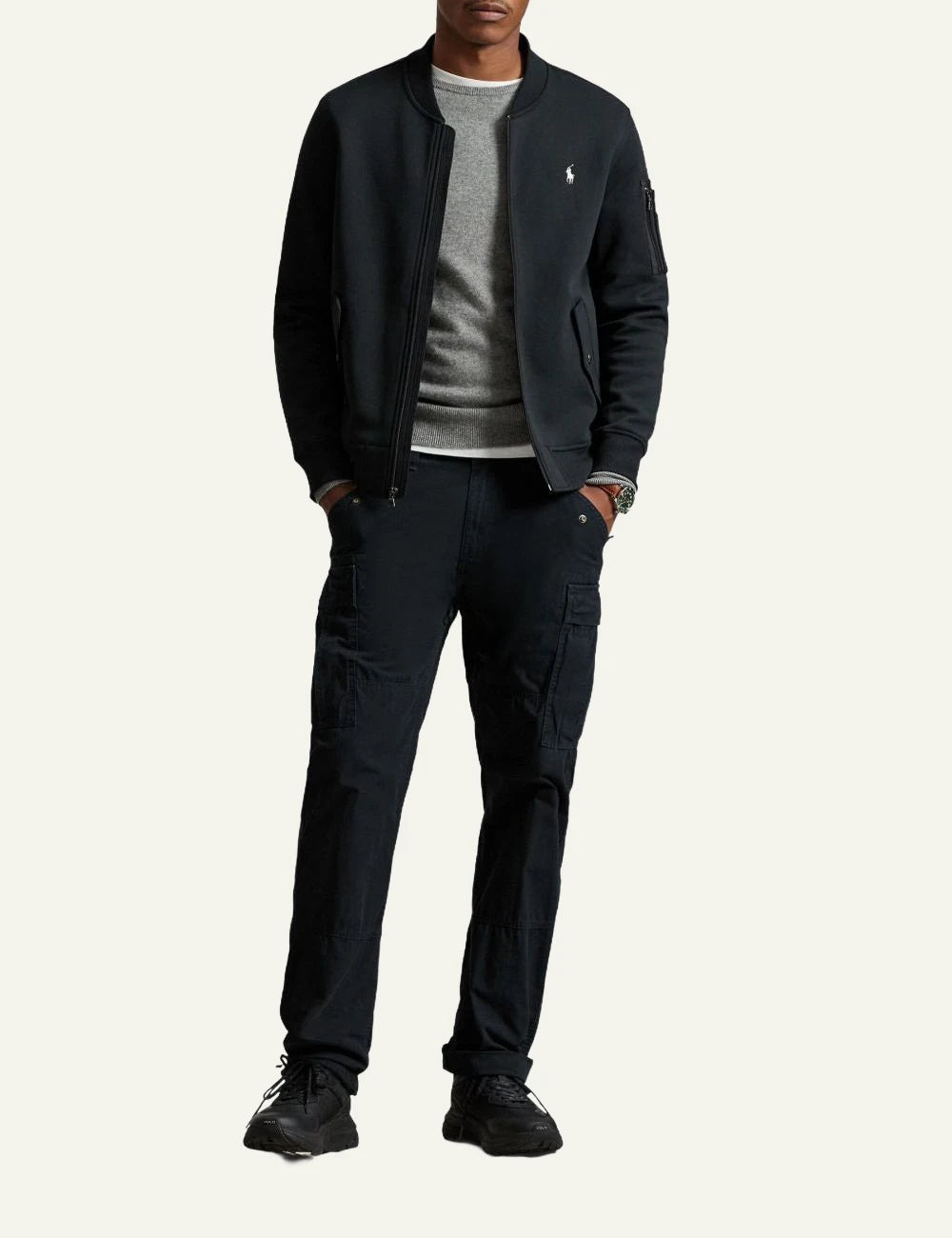 Polo Ralph Lauren black bomber jacket with white logo and zip full body view