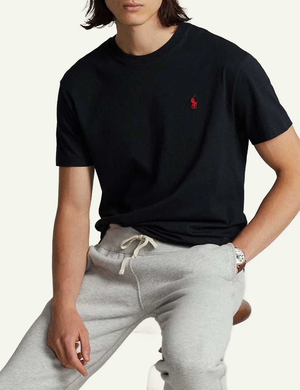 Polo Ralph Lauren black custom slim fit T-shirt me red pony logo front model view