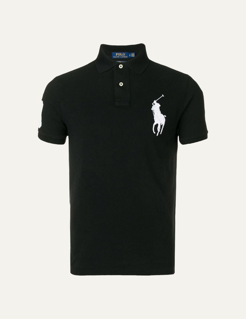 Polo Ralph Lauren black polo shirt with large white Big Pony front flat view