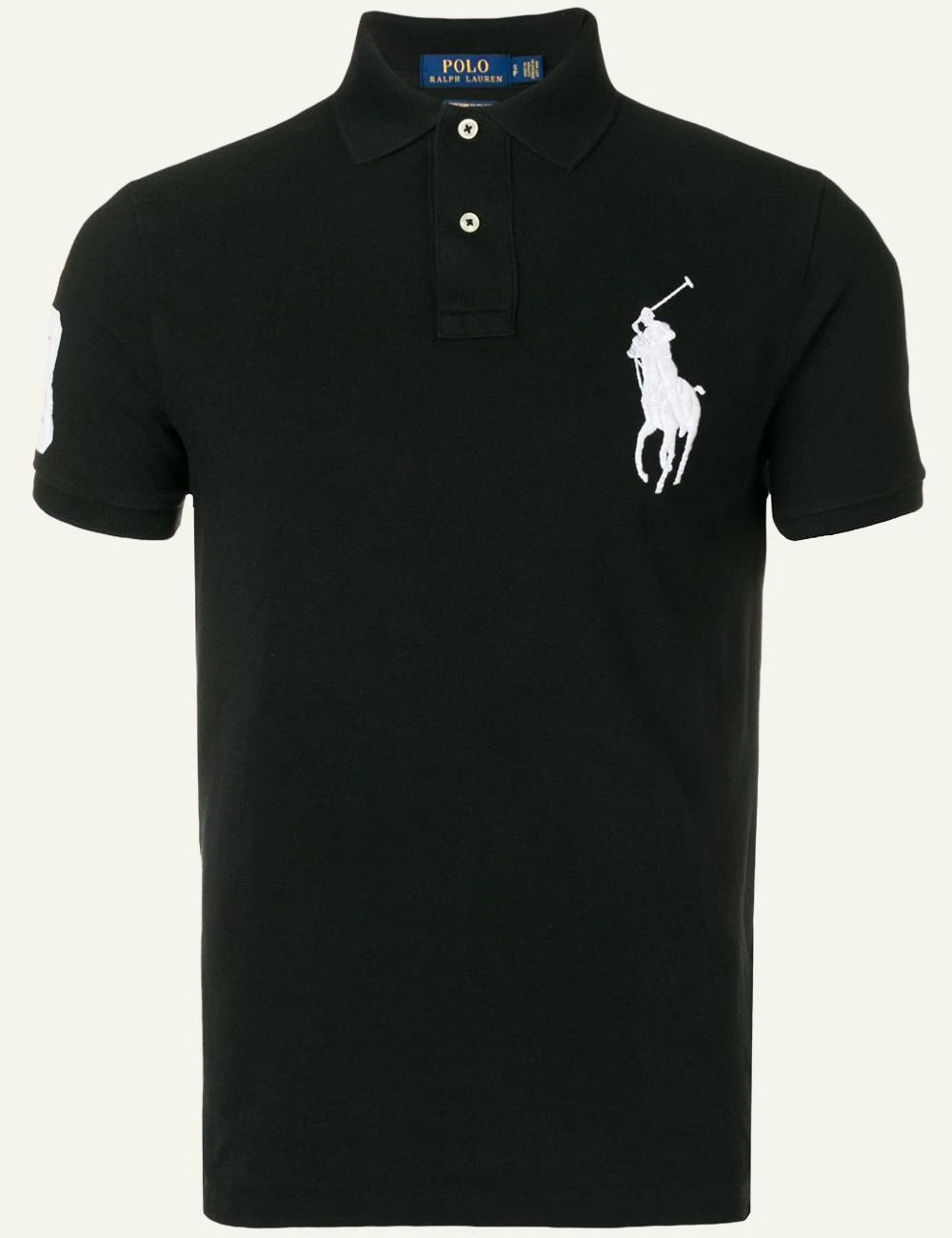 Polo Ralph Lauren black polo shirt with large white Big Pony front flat view