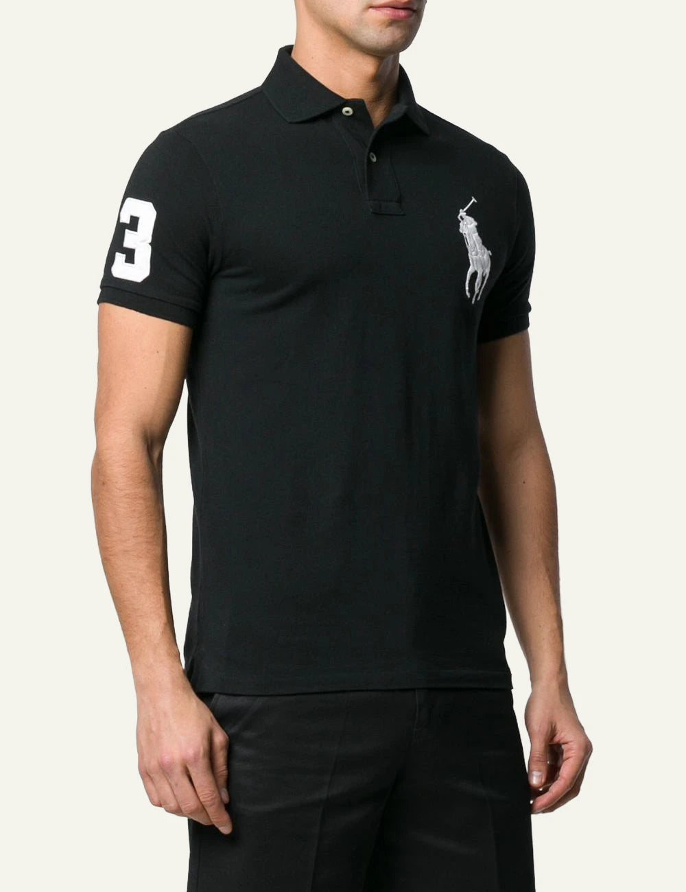 Polo Ralph Lauren black polo shirt with large white Big Pony front model view