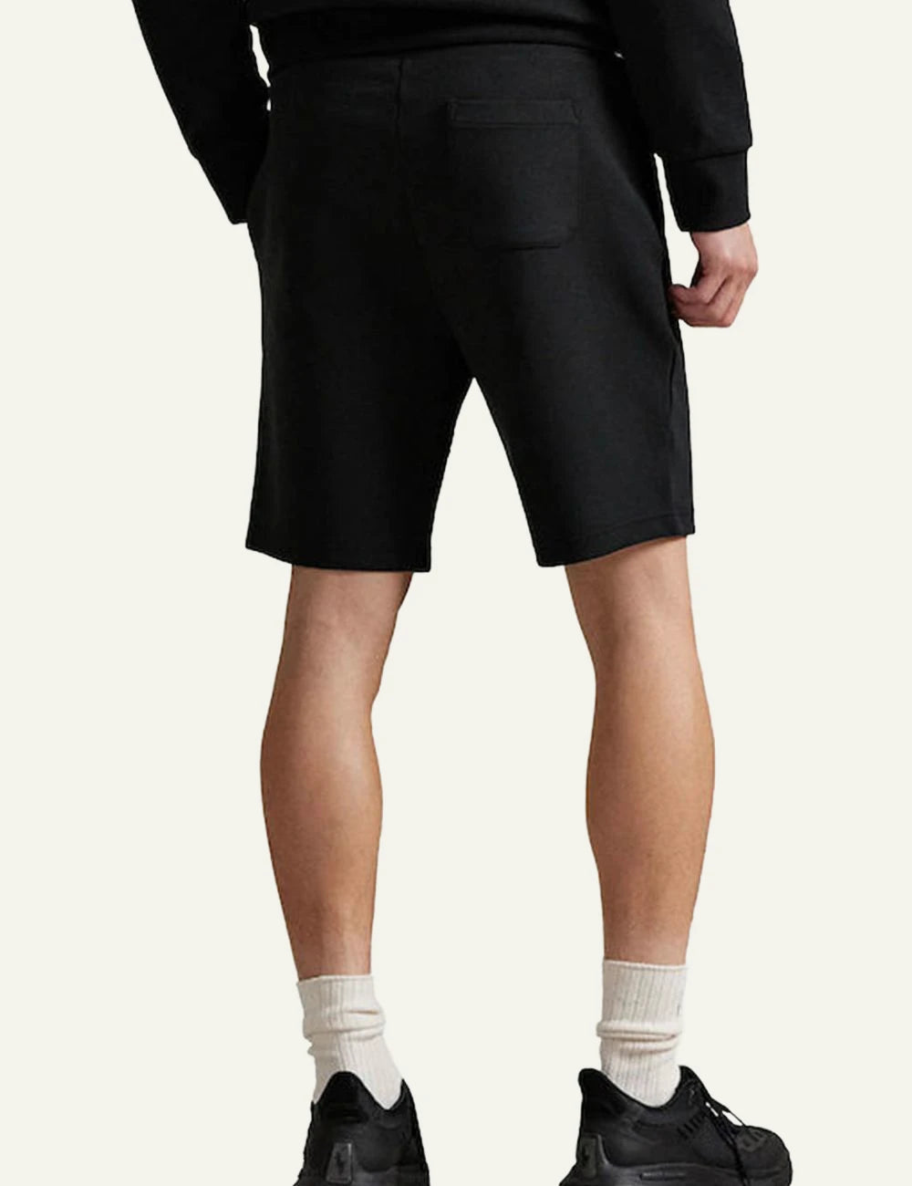 Polo Ralph Lauren black shorts elastic waist drawstring white pony logo back flat view