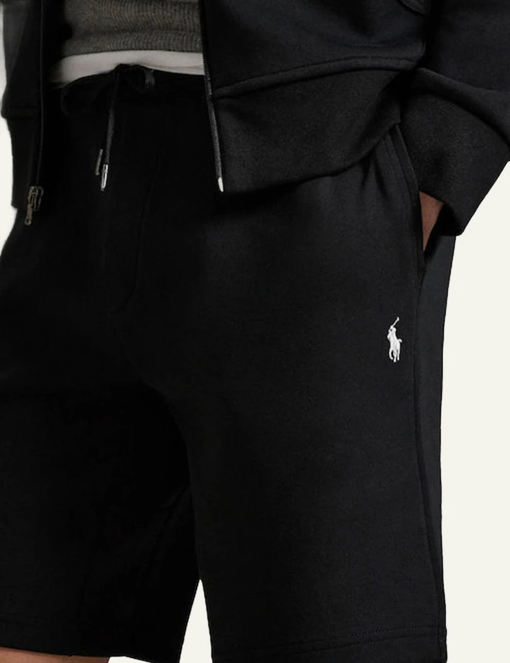 Polo Ralph Lauren black shorts elastic waist drawstring white pony logo front detail view