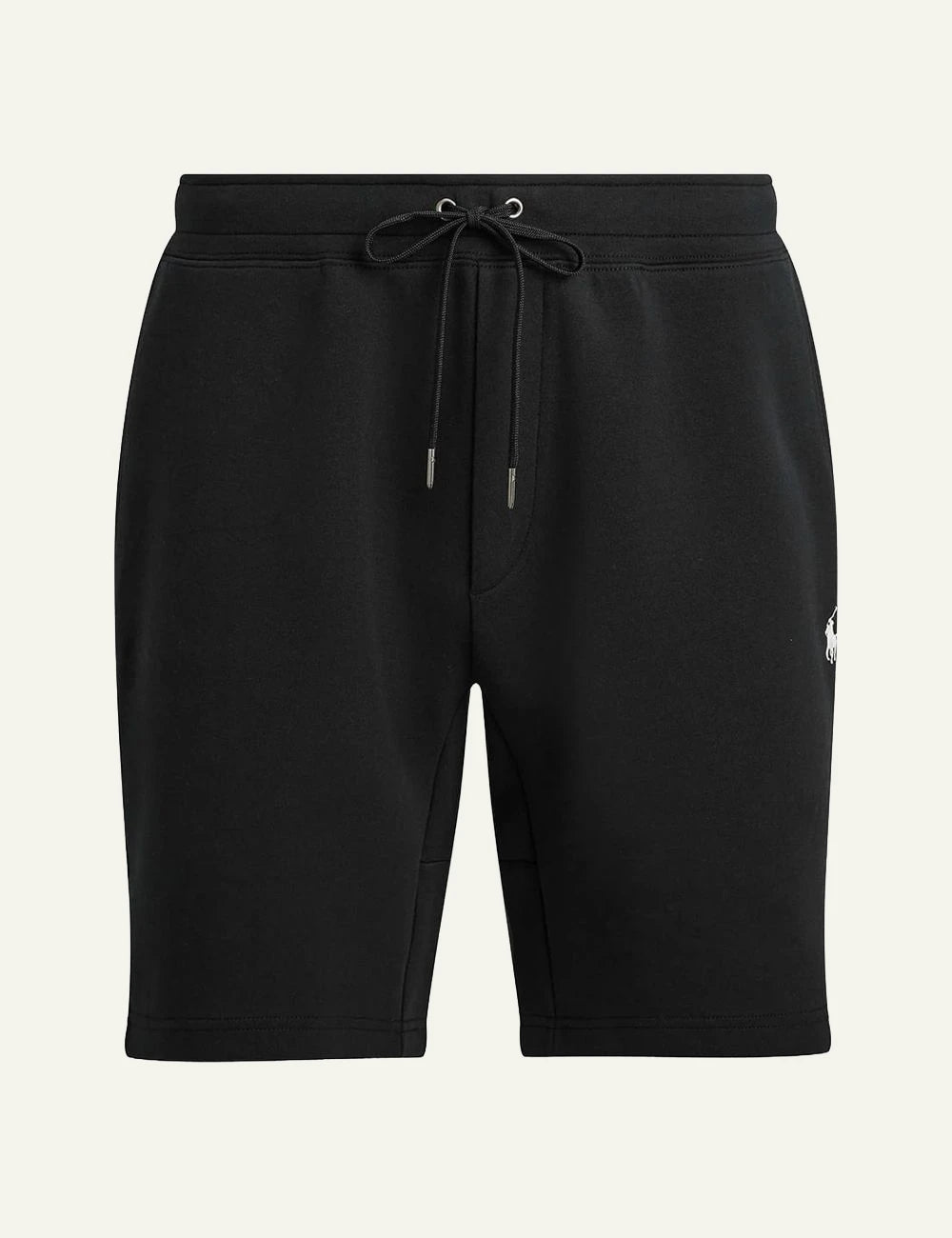 Polo Ralph Lauren black shorts elastic waist drawstring white pony logo front flat view
