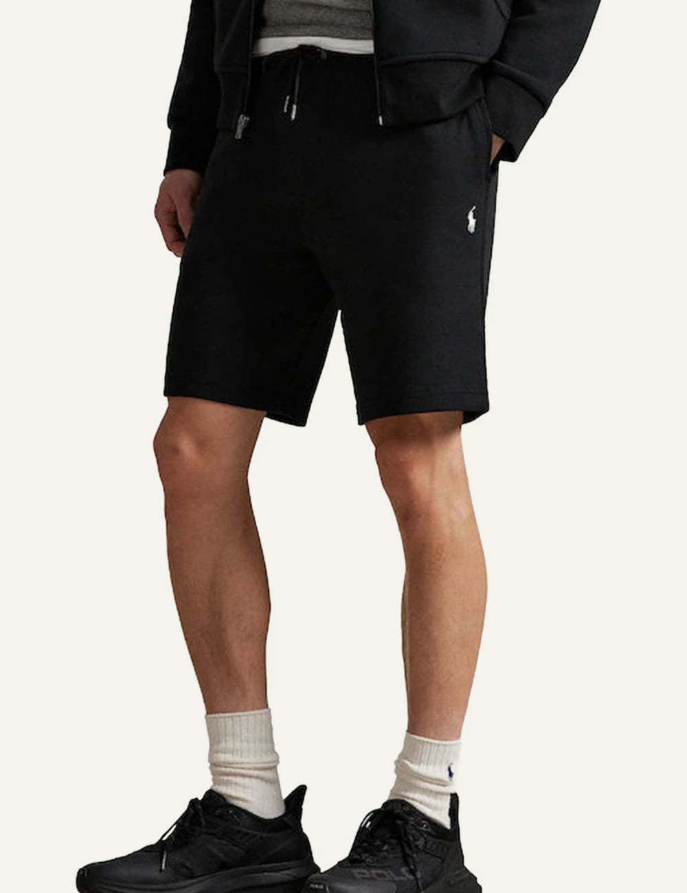 Polo Ralph Lauren black shorts elastic waist drawstring white pony logo side view