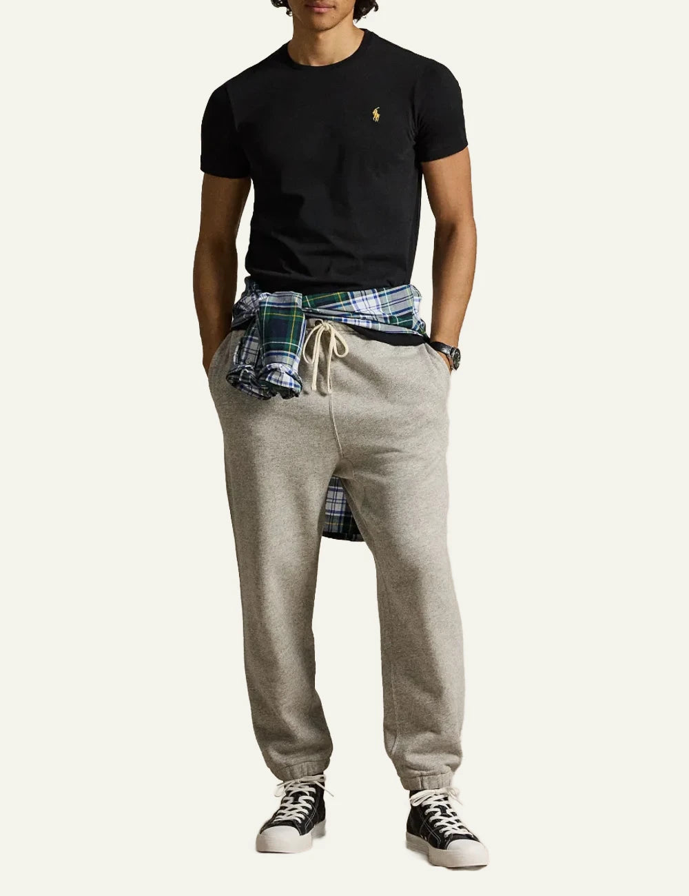 Polo Ralph Lauren black slim fit T-shirt me gold pony logo front full body view