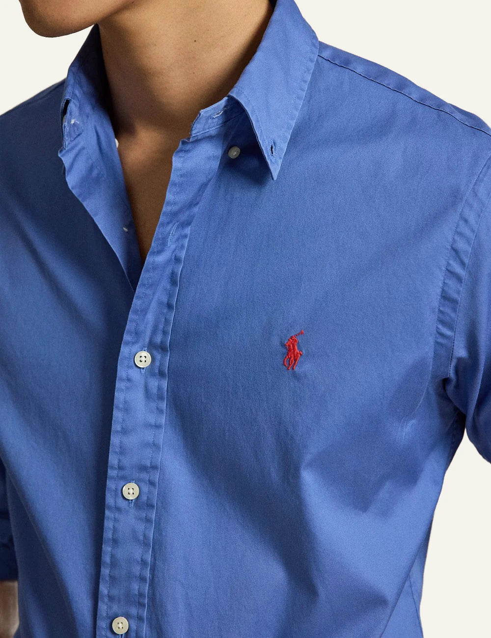 polo ralph lauren blue cotton shirt custom fit pony logo front detail view