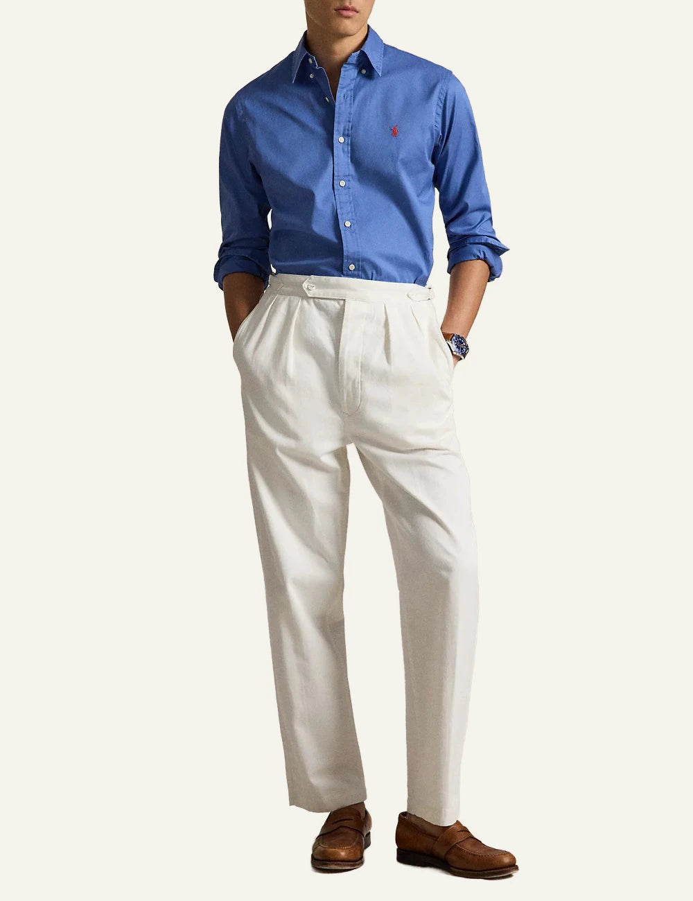 polo ralph lauren blue cotton shirt custom fit pony logo front full body view