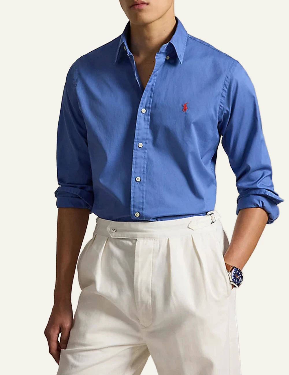polo ralph lauren blue cotton shirt custom fit pony logo front model view