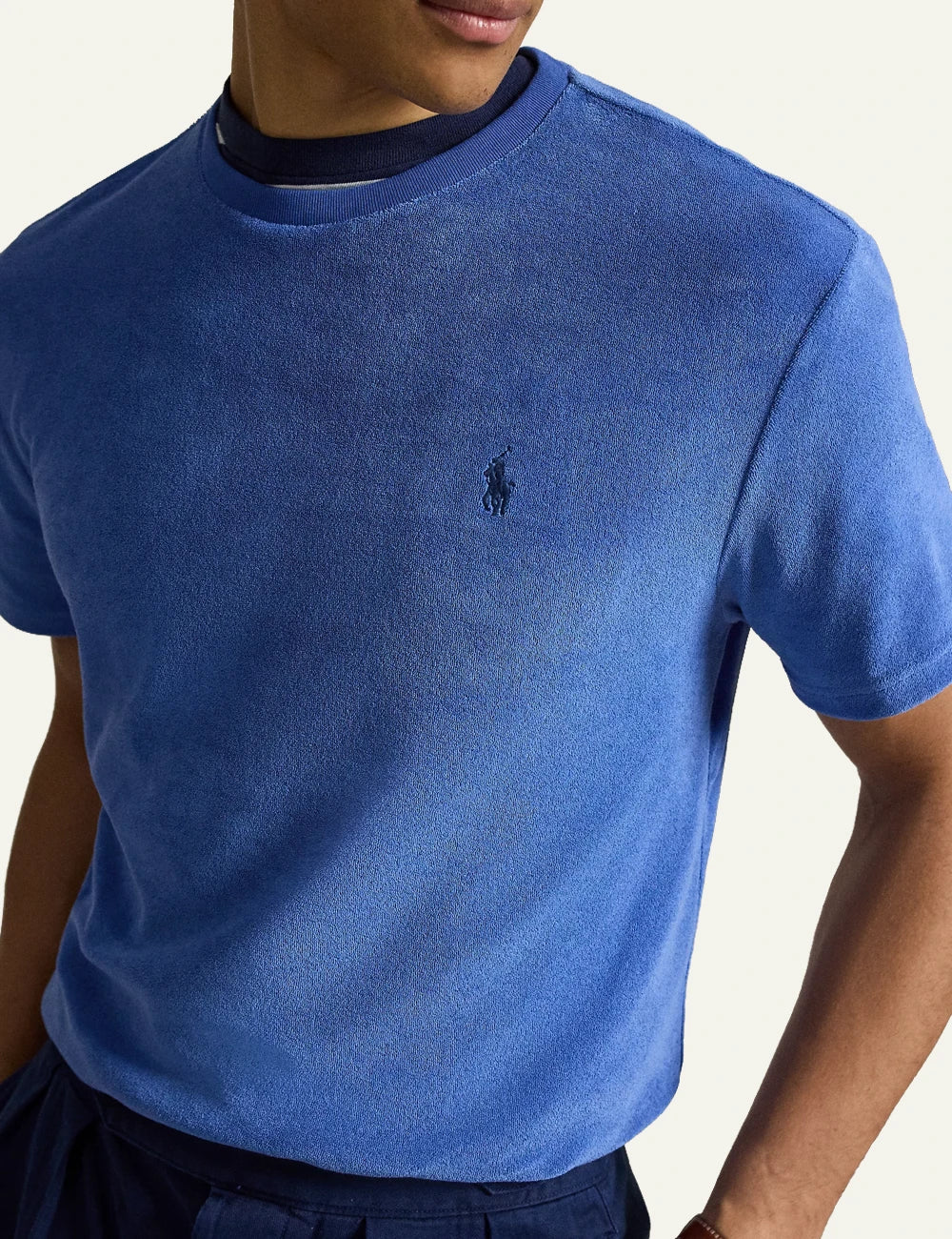polo ralph lauren blue terry t-shirt pony logo cotton blend classic fit front detail view