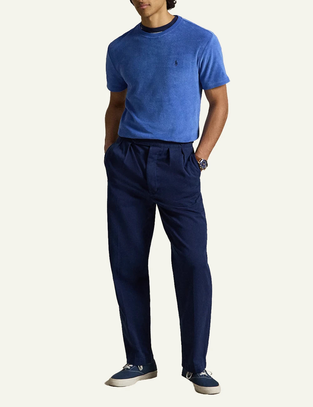 polo ralph lauren blue terry t-shirt pony logo cotton blend classic fit front full body view