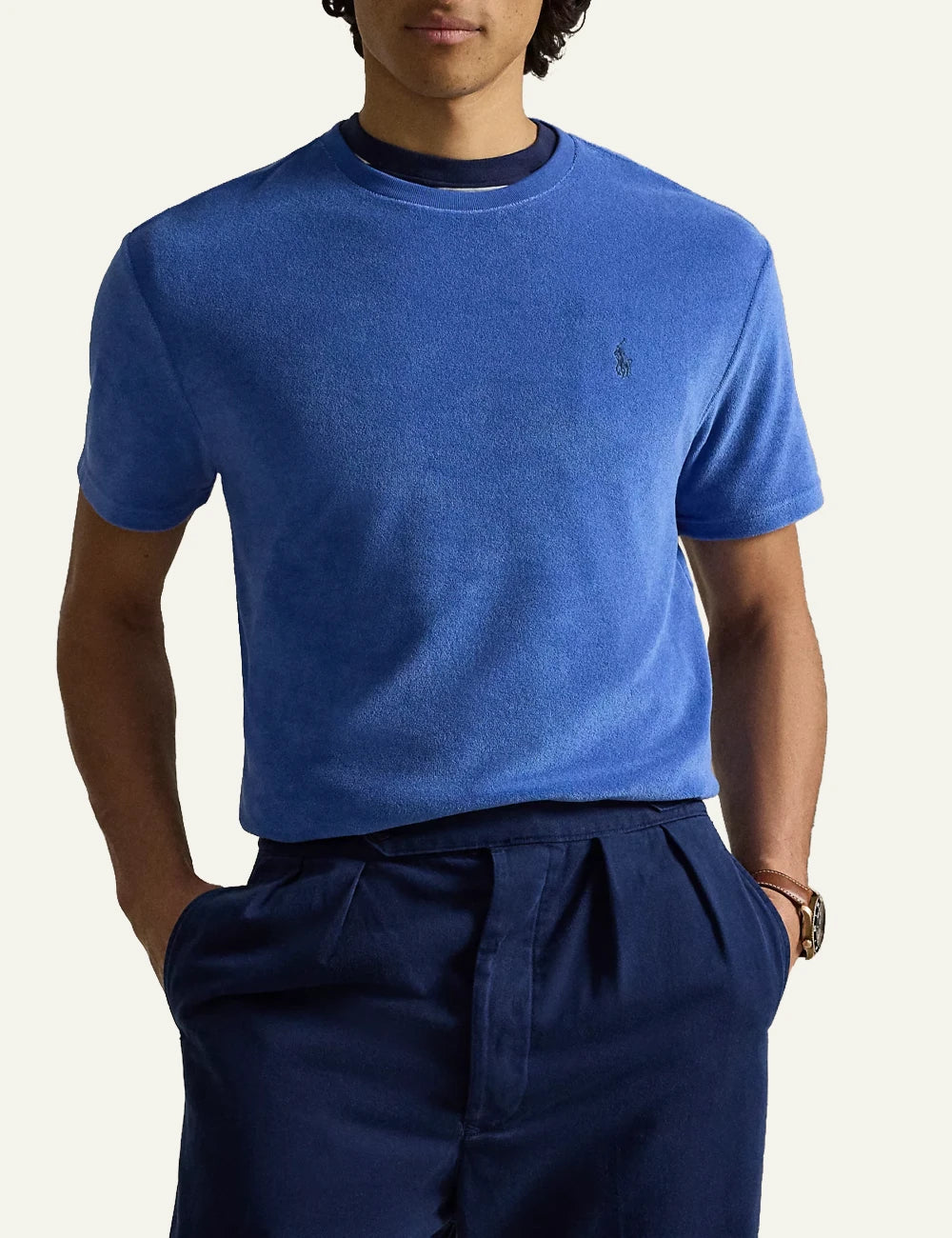 polo ralph lauren blue terry t-shirt pony logo cotton blend classic fit front model view