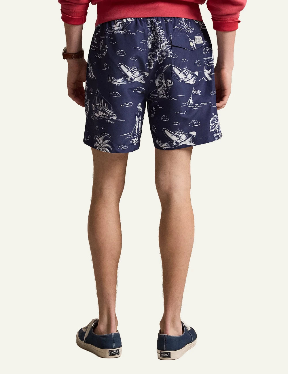 polo ralph lauren blue swim shorts tropical print pony logo back view