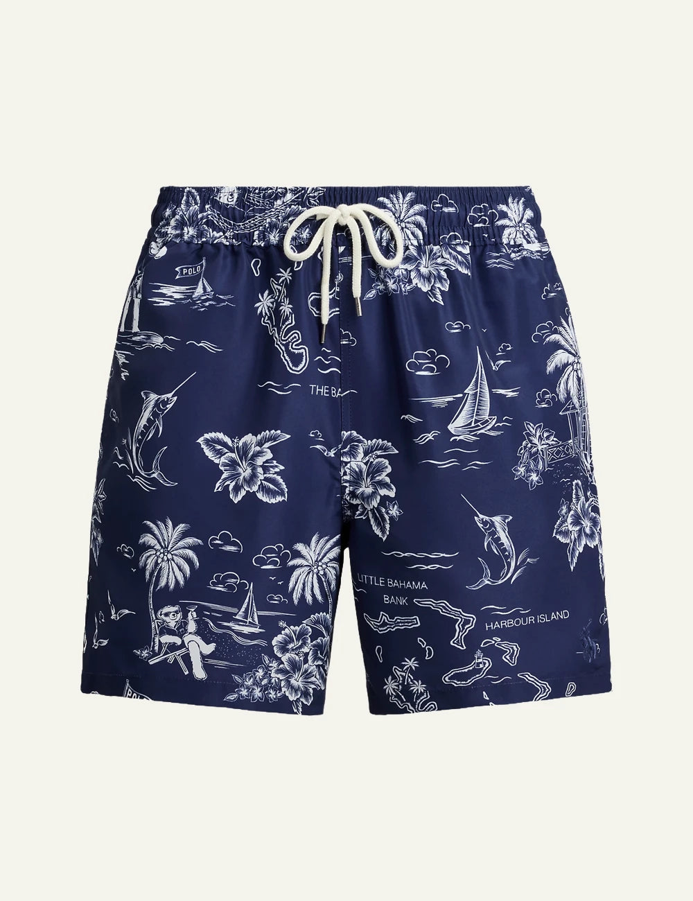 polo ralph lauren blue swim shorts tropical print pony logo front view