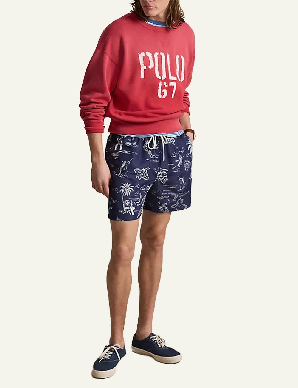 polo ralph lauren blue swim shorts tropical print pony logo front full body view