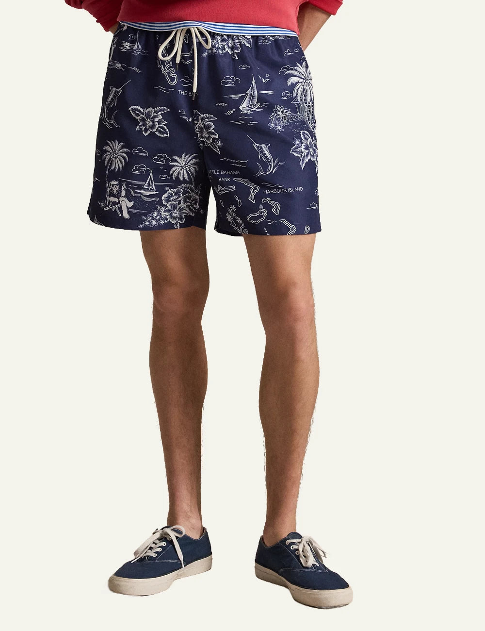 polo ralph lauren blue swim shorts tropical print pony logo front model view