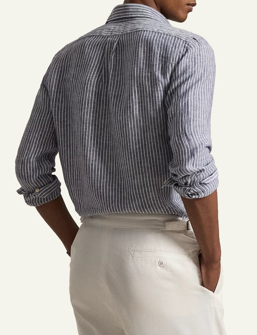 polo ralph lauren blue white striped linen shirt button down custom fit back view