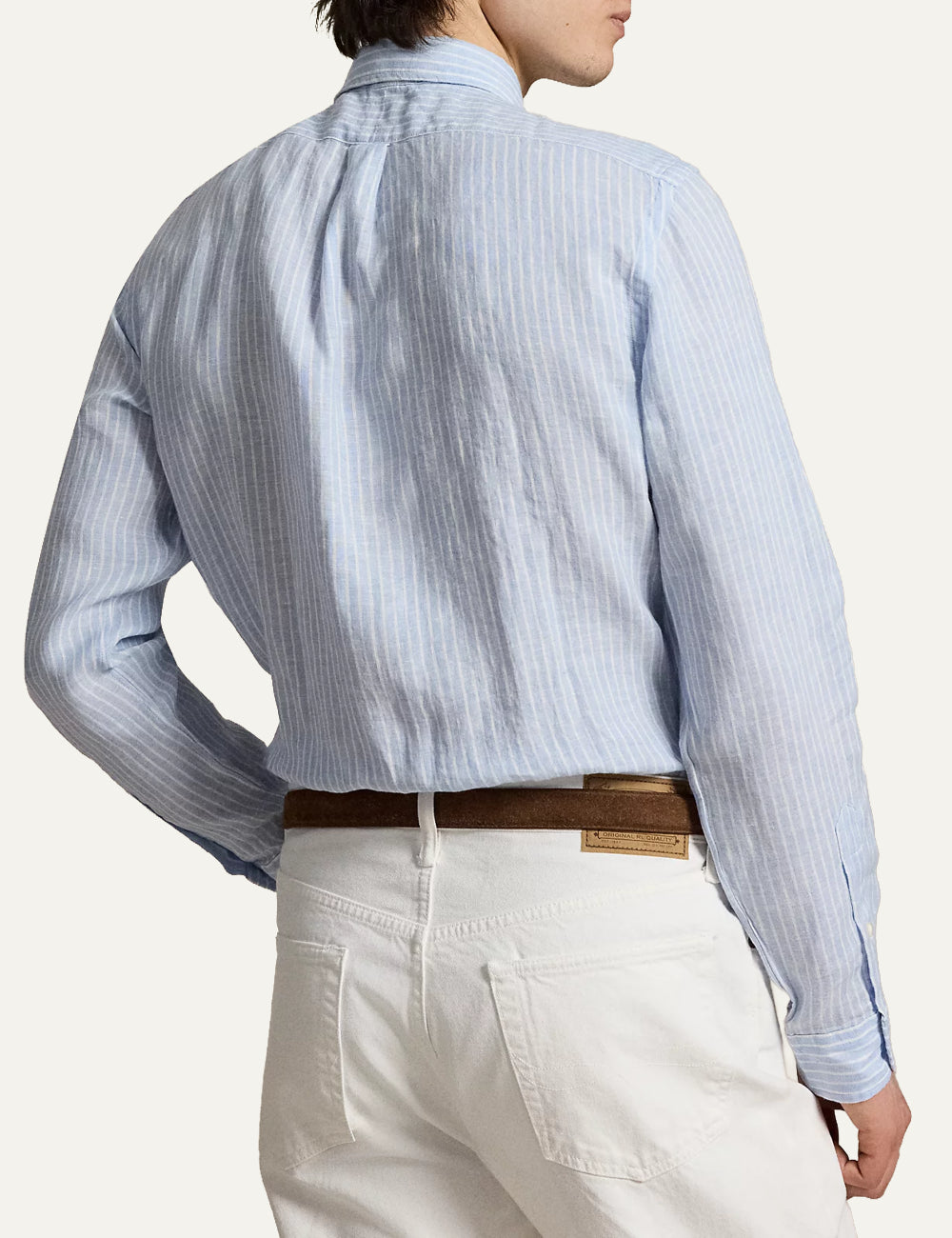 polo ralph lauren light blue striped linen shirt button down custom fit back view
