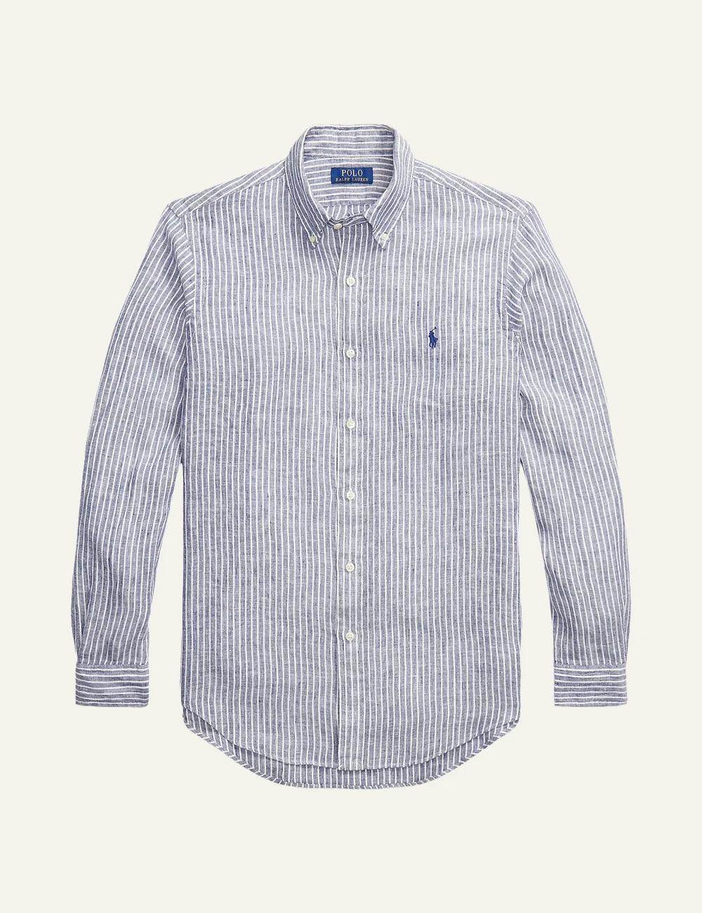 polo ralph lauren blue white striped linen shirt button down custom fit front view