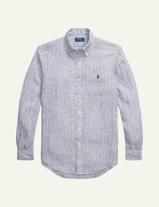 polo ralph lauren blue white striped linen shirt button down custom fit front view