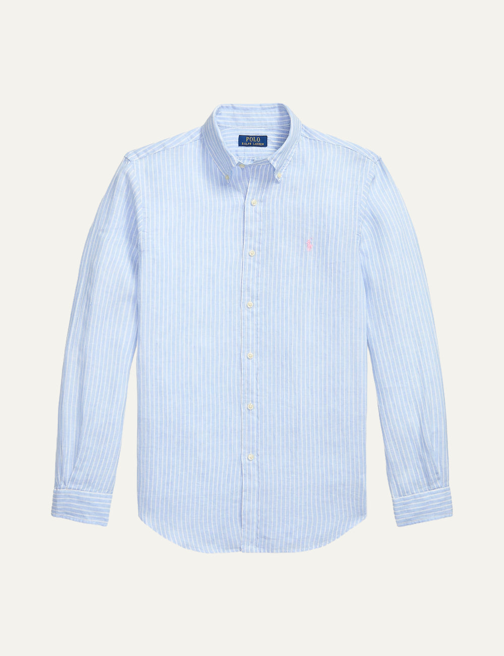 polo ralph lauren light blue striped linen shirt button down custom fit front view