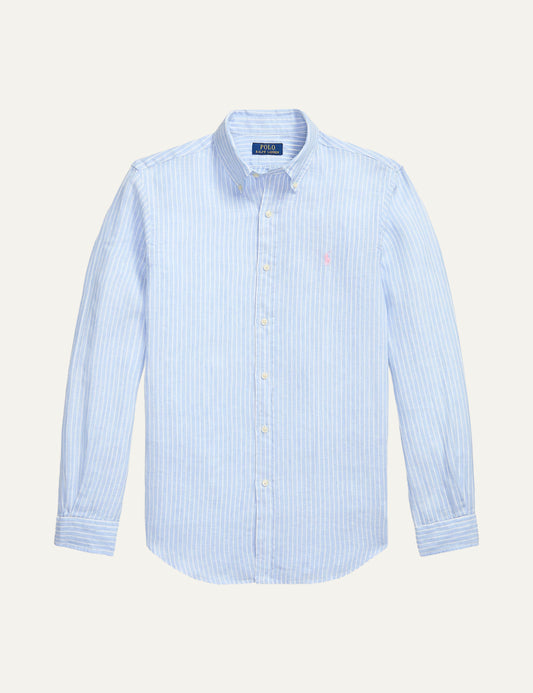 polo ralph lauren light blue striped linen shirt button down custom fit front view