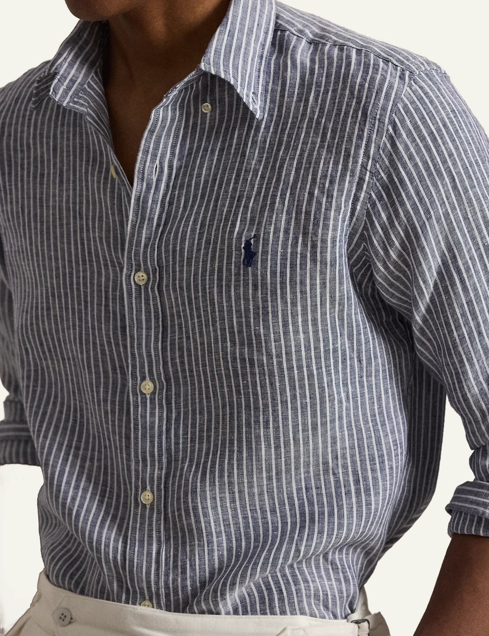 polo ralph lauren blue white striped linen shirt button down custom fit side  view