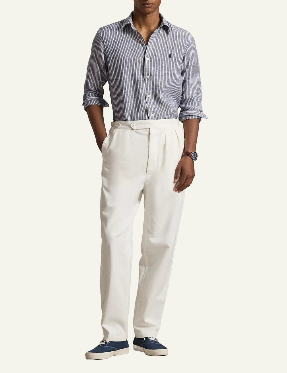 polo ralph lauren blue white striped linen shirt button down custom fit front full body view