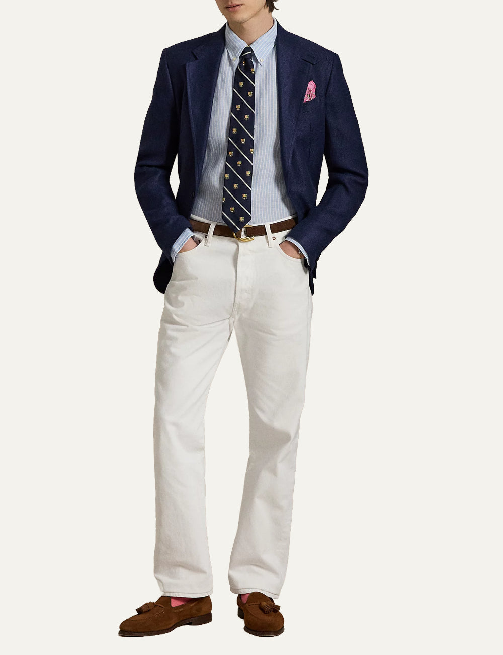 polo ralph lauren light blue striped linen shirt button down custom fit front full body view
