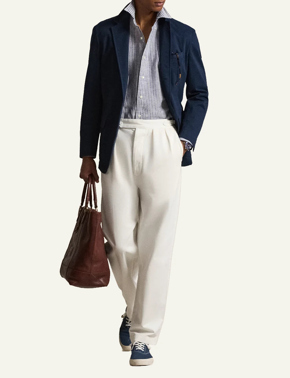 polo ralph lauren blue white striped linen shirt button down custom fit front full look view